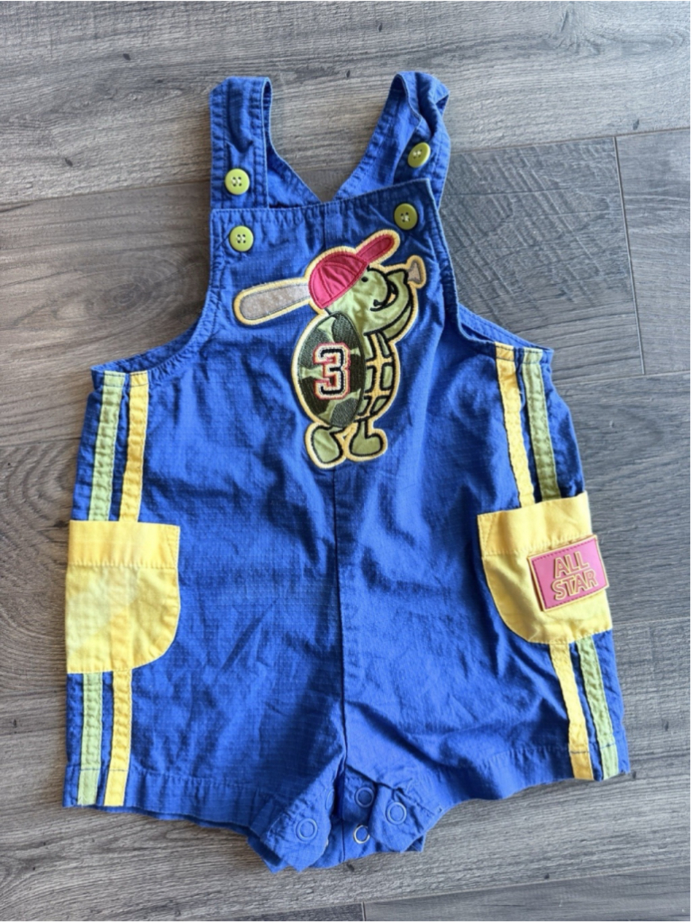 Vintage OkieDokie Bay Shortalls 6-9M Primary Colors Colorblock Baseball Turtle
